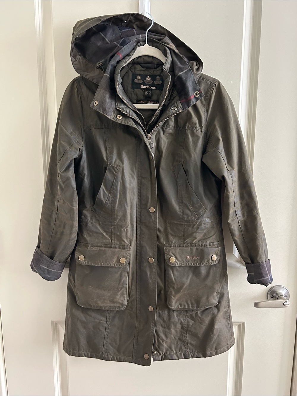 Barbour 4 US Olive Green Brown Helsby Wax Cotton Fur Hooded Utility Long Jacket
